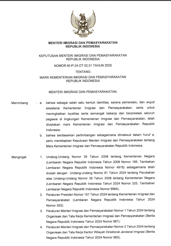 Keputusan Menteri Imigrasi dan Pemasyarakatan Nomor M.IP-24.OT.02.01 Tahun 2025 tentang Mars Kementerian Imigrasi dan Pemasyarakatan